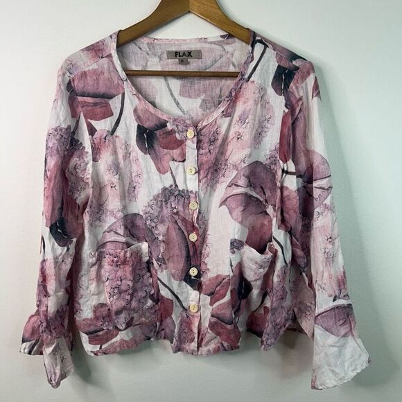 FLAX Linen Button Front Blouse Small Pink Purple Floral Hydrangea Top Lagom - Picture 1 of 11